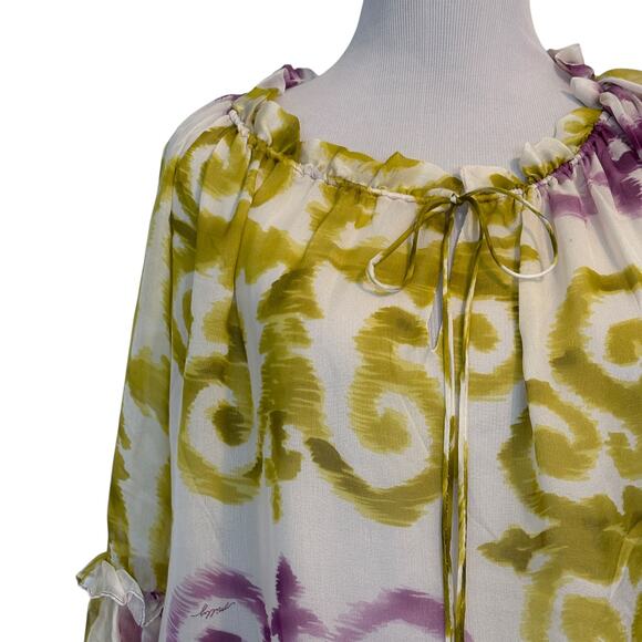 Milly 100% Silk Tie Neck Top Womens Size 8 Chartreuse Purple Ruffled Medium - Picture 3 of 7